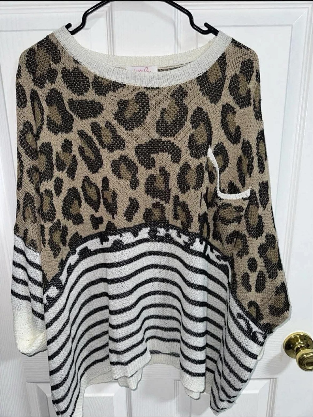 Leopard Print & Striped Lightweight Crew Sweater - Beige/Black/White